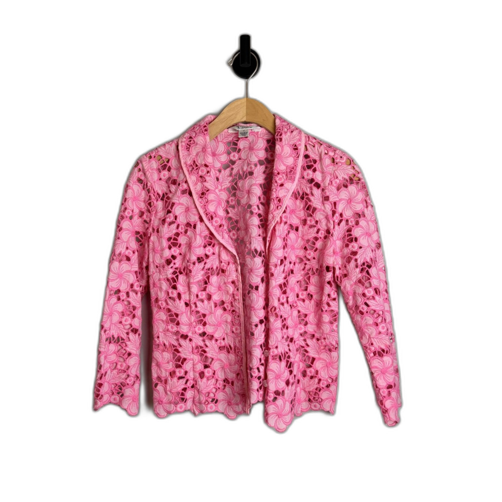 Lilly Pulitzer Lillyville Jacket Pink Floral Eyelet Cardigan Size 8 Button Front